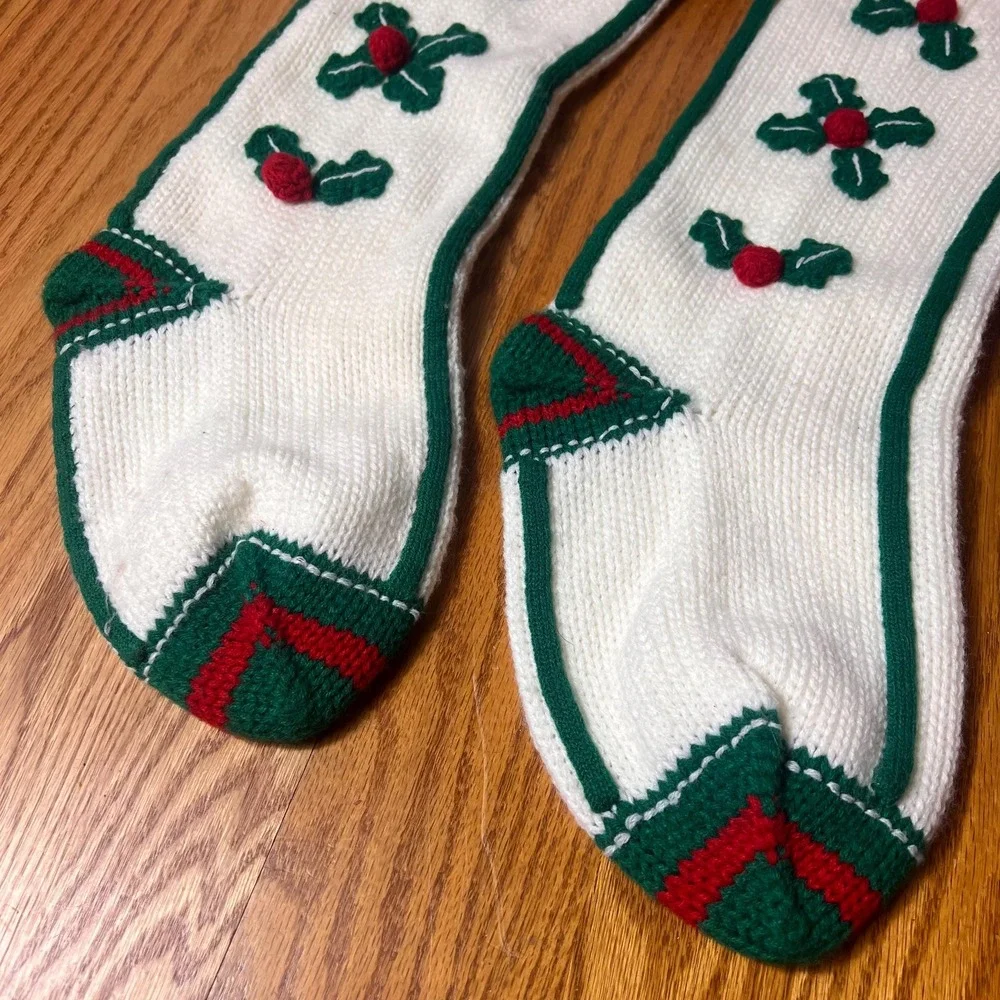 Vtg Hand Knit Christmas Stockings Set of 2 White Knit Holly Stockings Red holly